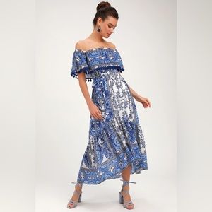 Lulus | De La Sol Blue and White Print Off-the-Shoulder Midi Dress